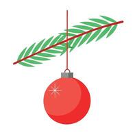A christmas tree branch with a red ornament hanging from it. vector