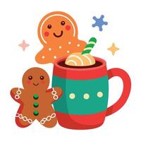 Gingerbread christmas cookies near to hot steaming cacao in colorful funny christmas mug. vector