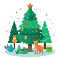 In the forest there is a christmas tree surrounded with gifts and animals vector