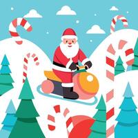Santa Claus snowmobiling through a forest of giant candy canes and gumdrop trees vector