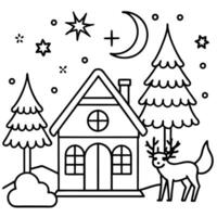 Christmas illustration with a house. Christmas trees. deers. the moon and stars. image vector