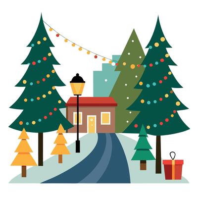 Pin trees decorated with lights on Christmas street background