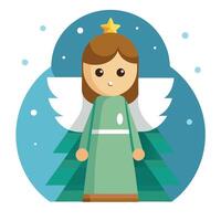 Wood figurine of an christmas angel in front of an bokeh background with a christmas tree vector