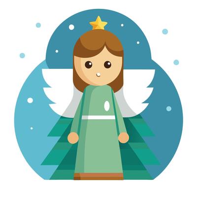 Wood figurine of an christmas angel in front of an bokeh background with a christmas tree