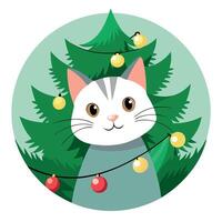Domestic cat peeking out between branches of Christmas tree between with electric light chain vector