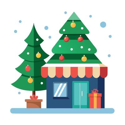 Christmas tree and decoration in front of the shop. winter street market. with no people