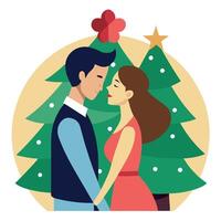 A man and a woman kissing in front of a christmas tree. image. vector
