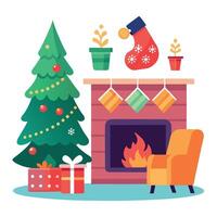 Cozy living room with Christmas tree. stockings. and fire crackling. vector