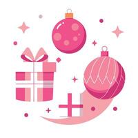 Top view of christmas baubles and gift boxes in pink as christmas background vector