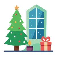 A christmas tree outside a window with a gift and a candle. Digital image. Christmas decor. vector