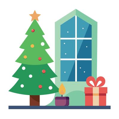 A christmas tree outside a window with a gift and a candle. Digital image. Christmas decor.