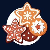 With white sugar based piping decorated christmas cookies on dark background. vector