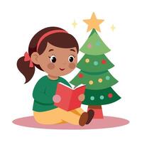A little girl reading a book in front of a christmas tree vector