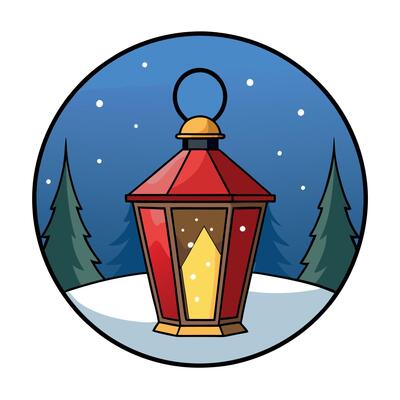 Christmas lantern glowing at night closeup. blur snowy forest landscape