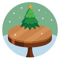 Round wooden table top for product display mockup with festive christmas tree background vector