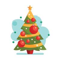 Christmas tree with red gold ornaments and baubles on blurred bokeh lights background. vector