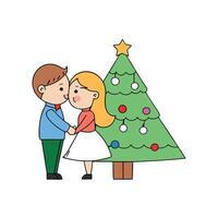 A man and a woman kissing in front of a christmas tree. image. vector