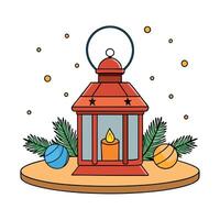Christmas Lantern On Snowy Table With Fir Branches And Ornaments vector