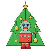 Christmas toy robot hanging on a christmas tree. green background vector