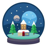 Winter wonderland with little town and Christmas tree inside a snow globe . snowing. festive. vector