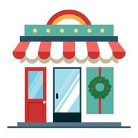 An exterior view of a physical store adorned with Christmas lights. wreaths vector