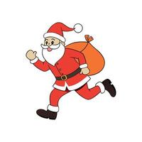 Man dressed as santa claus running with bag of gifts in his hand. vector