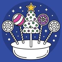 Colorful christmas centerpiece of candy and christmas trees on sticks in a dark blue background vector