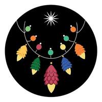 Black background with christmas lights and pine cones on it. vector