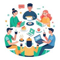 A group of people sitting around a table with food created with technology vector