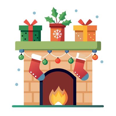 Mantel adorned with holiday decorations. including stockings. garland. and festive lights
