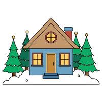A house with christmas lights on the front porch and trees in the back yard. all lit up at night. vector