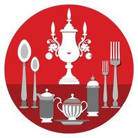 Classic festive setting with antique silverware and decor on a red backdrop vector