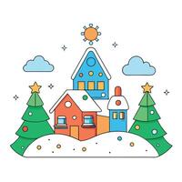 Christmas card with christmas tree. snow. magical village. generative. AI vector