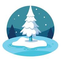A white christmas tree in the middle of a frozen lake. vector
