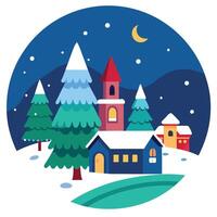 Illustration winter atmosphere on christmas eve in a village with a fir tree vector