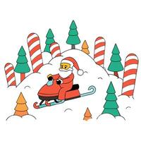 Santa Claus snowmobiling through a forest of giant candy canes and gumdrop trees vector