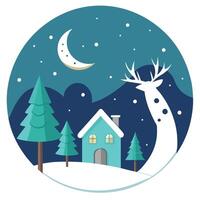 Paper cut christmas with house tree reindeer and and moon on white snow winter background vector