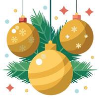 Close up of golden balls on christmas tree. Bokeh garlands in the background. New Year concept. vector