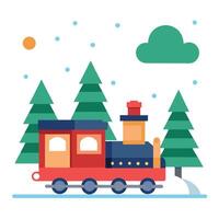 Christmas train on a snowy day with fir trees in the background created with tools vector