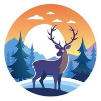 Image of reindeer looking away in the snowy forest at sunset vector