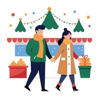Couple enjoying and taking a stroll in a traditional christmas market - christmas markets concept vector