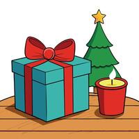 Christmas gift box with red ribbon and candle on wooden table in front of christmas tree vector