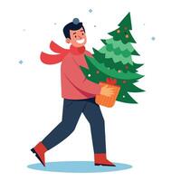Smiling diverse man carrying christmas tree chosen on special farm. Preparing for holidays. vector