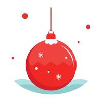 Red christmas ball on snow. Background of red and snow for Christmas with hanging ornaments. vector