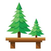 Two little green fir trees on wooden table top. Copy space vector