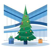 3d rendering of christmas tree in lobby of modern office building. vector