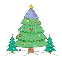Illuminated and decorated christmas tree in a winter forest on Christmas eve. vector