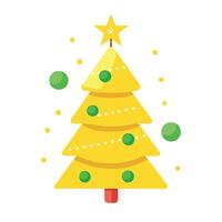 A yellow christmas tree with ornaments on a yellow background with a star on top. vector