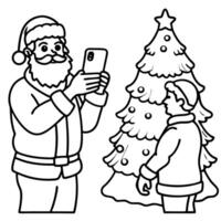 Person taking picture of santa clause on cell phone with christmas tree in the background. vector