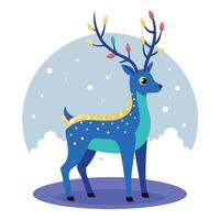 A magic festive reindeer covered in glowing lights in a winter scene. vector